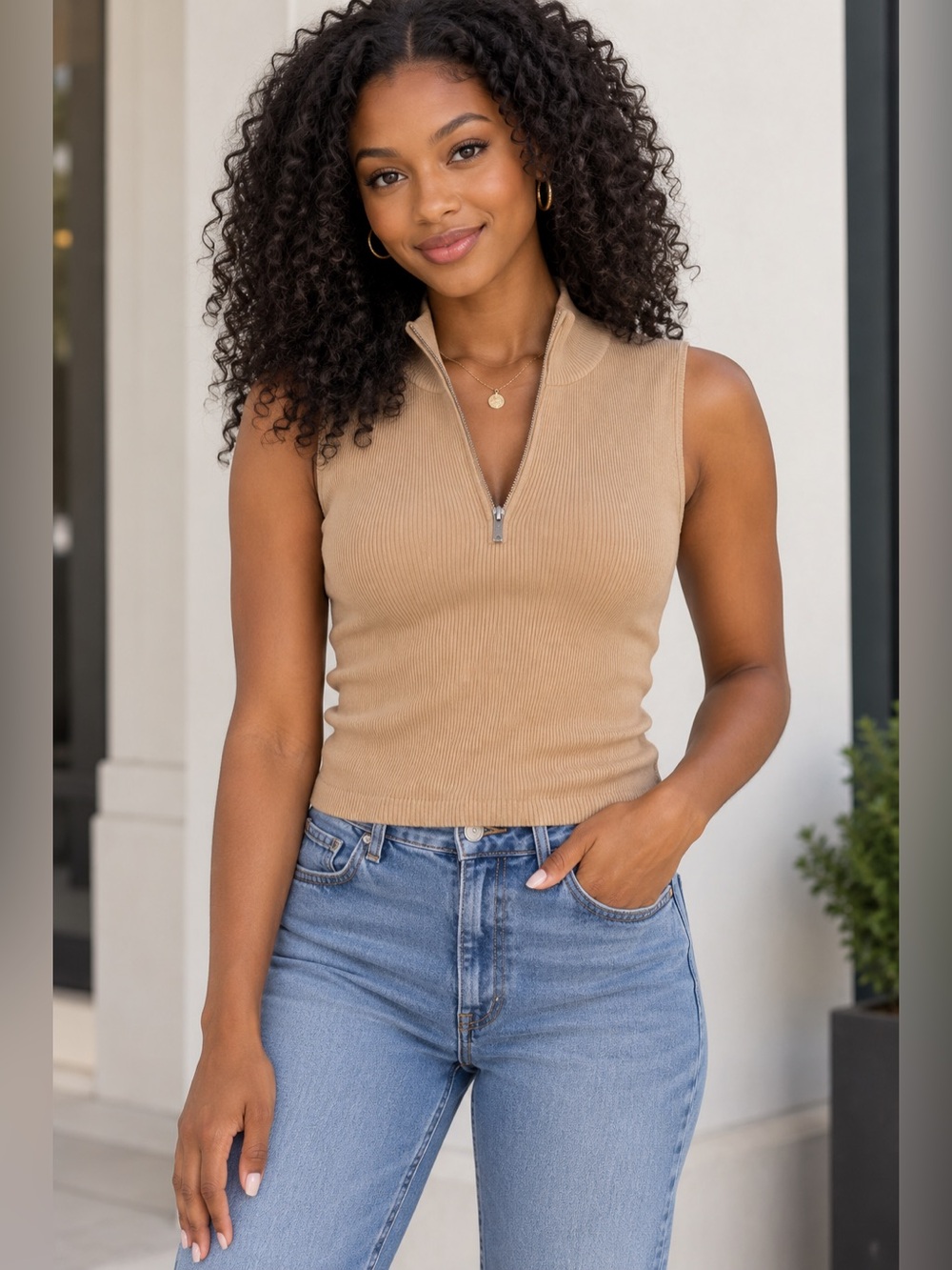Calvin Klein Tan Sleeveless sweater Zip-Up Top size L
